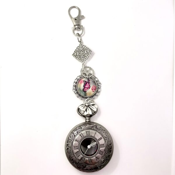 Porte clés, déco de sac argent foncé, dessin au choix, montre à gousset