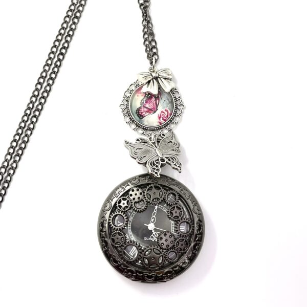 Collier montre mécanique à Gousset, papillon et dessin au choix – Image 4