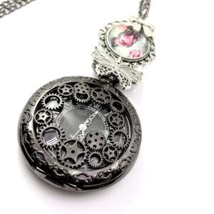 Collier montre mécanique à Gousset, papillon et dessin au choix