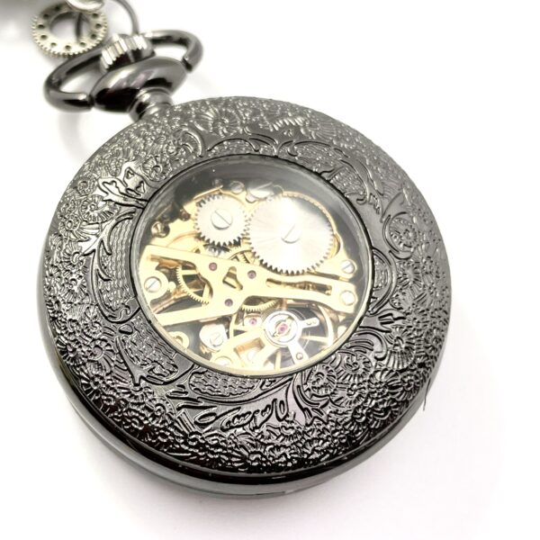 Montre mécanique noire à Gousset, engrenages et dessin au choix – Image 2