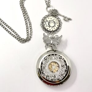Collier montre mécanique à Gousset, papillon clé et dessin au choix