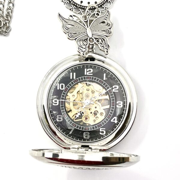 Collier montre mécanique à Gousset, papillon clé et dessin au choix – Image 2