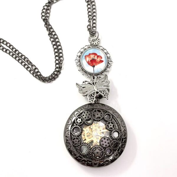 Collier montre mécanique noire à Gousset, papillon argent et dessin au choix