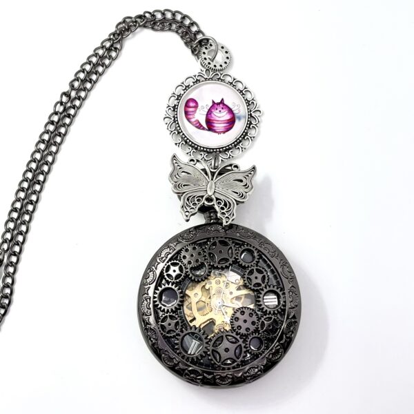 Collier montre mécanique noire à Gousset, papillon argent et dessin au choix – Image 5