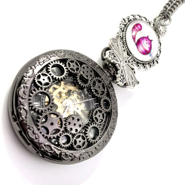 Collier montre mécanique noire à Gousset, papillon argent et dessin au choix – Image 4