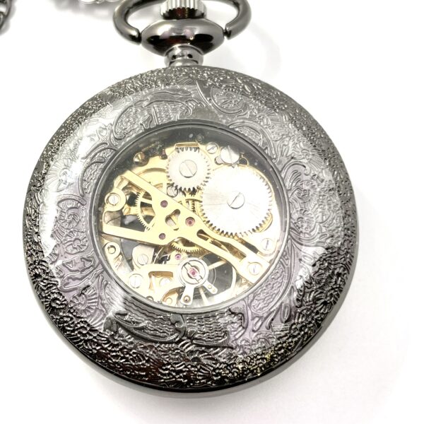 Collier montre mécanique noire à Gousset, papillon argent et dessin au choix – Image 2