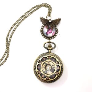 Collier montre mécanique bronze à Gousset, papillon et dessin au choix