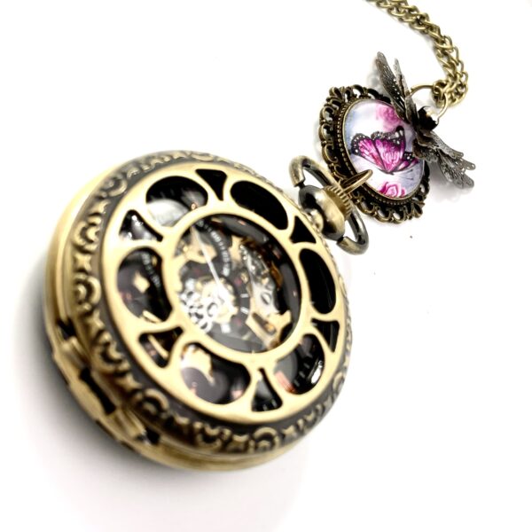 Collier montre mécanique bronze à Gousset, papillon et dessin au choix – Image 3